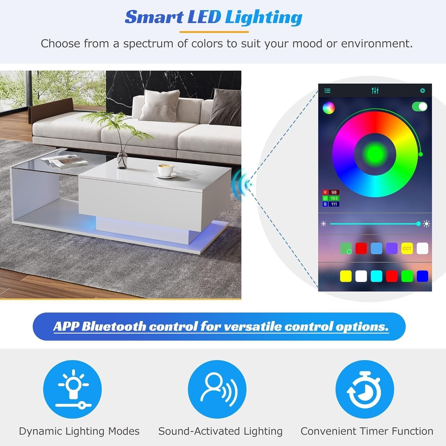 LED High Gloss Coffee Table with Drawer & Storage, Modern Glass Center Table