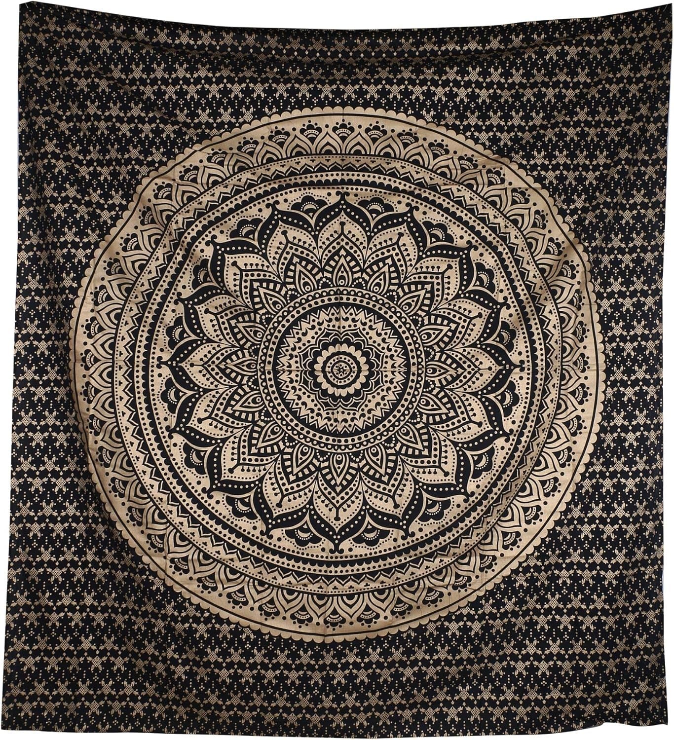 Black Gold Mandala Tapestry Boho Wall Hanging Cotton 85x90in