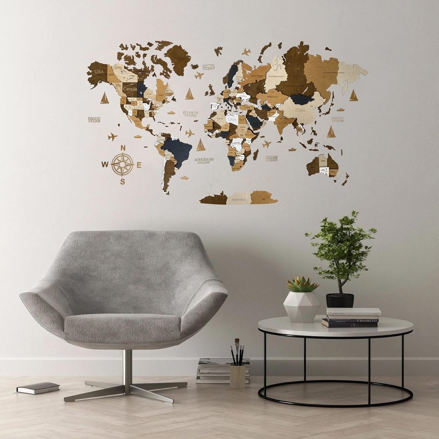 3D Wooden World Map Wall Art Coffee Travel Decor 120x62cm