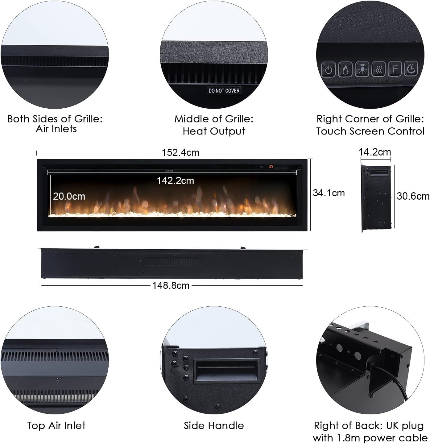 60" LED Electric Wall Fireplace Remote 9 Colour Flame Heater 1800W