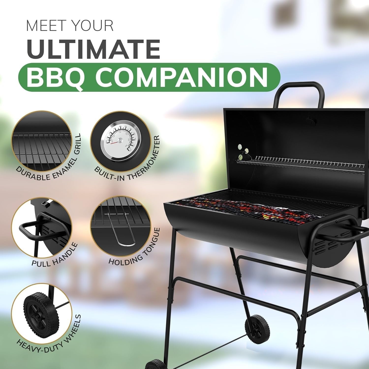 XL Barrel Charcoal BBQ Grill | Large Outdoor Smoker | Built-In Thermometer