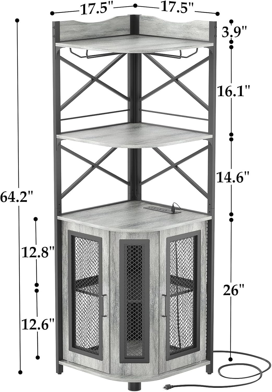 Corner Bar Cabinet with LED Lights & Power Outlets, 5-Tier Liquor Wine Storage