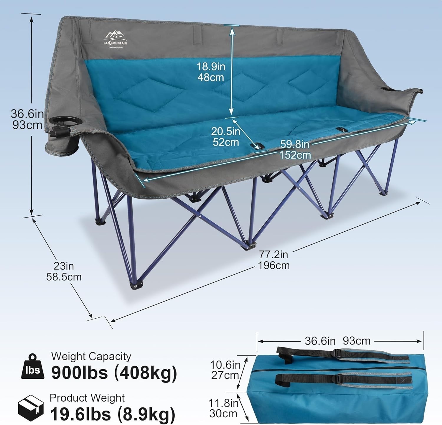 3 Seater Folding Camping Chair Sofa Heavy Duty Outdoor Loveseat BBQ