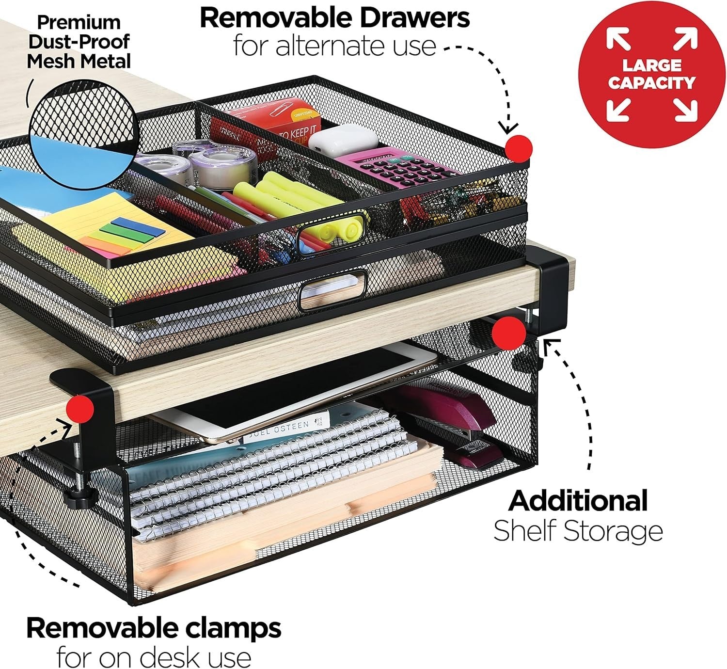 Under Desk Drawer Organizer 2-Drawer Mesh Metal Clamp-On Office Storage
