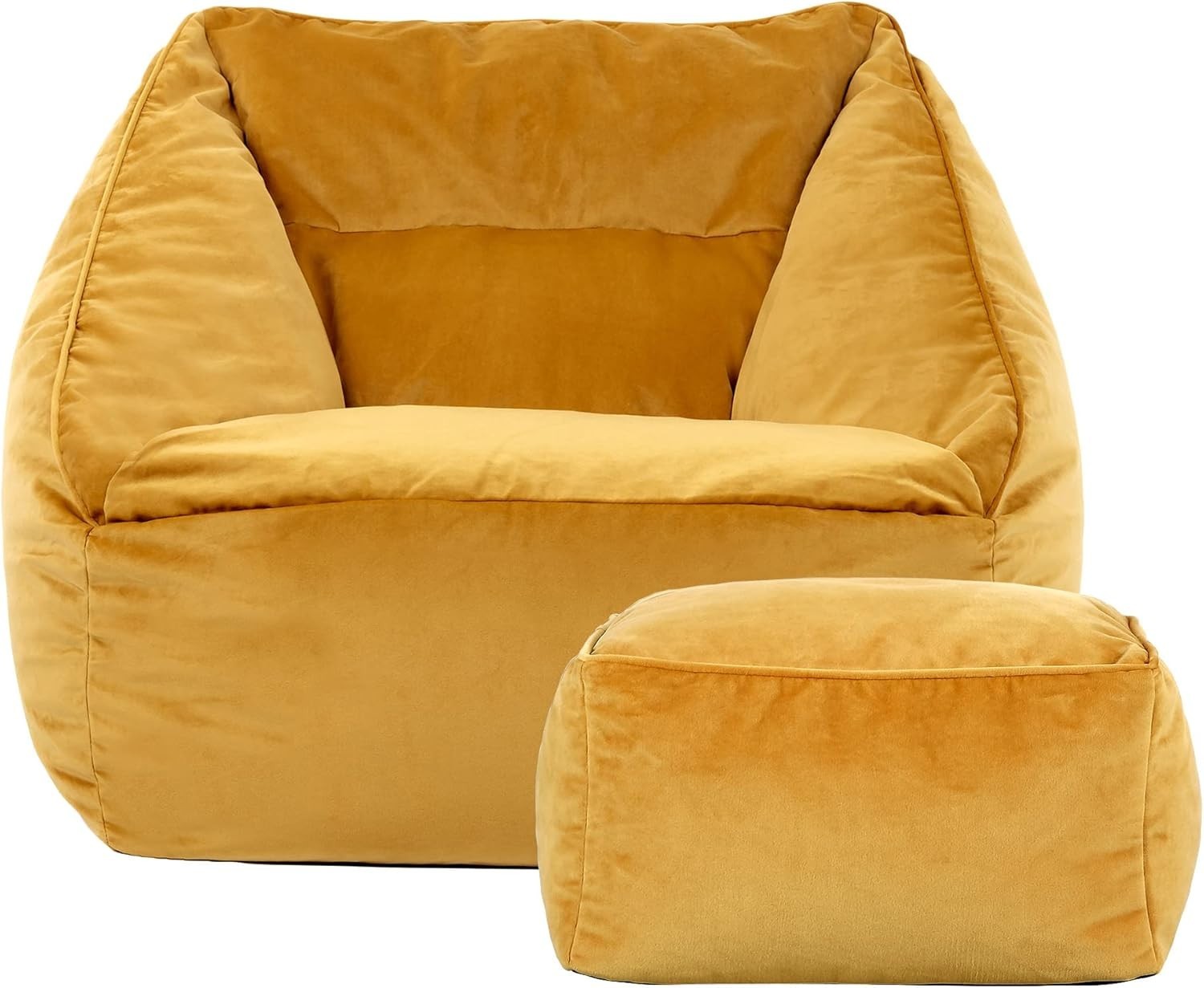 Ochre Yellow Velvet Bean Bag Chair Adult Armchair Set with Footstool