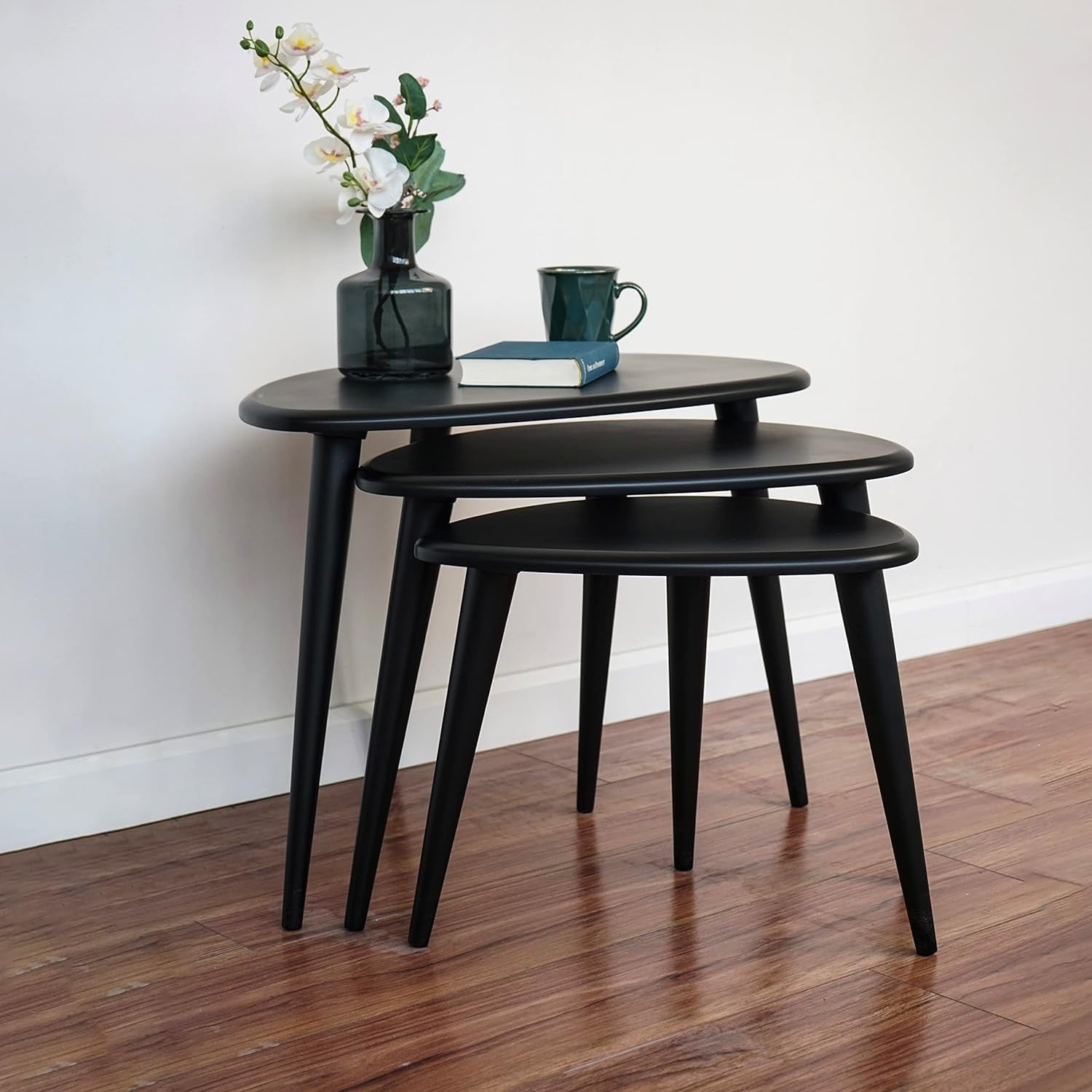 Space Saving Coffee Table Side End Bedside Round Wood Walnut Black