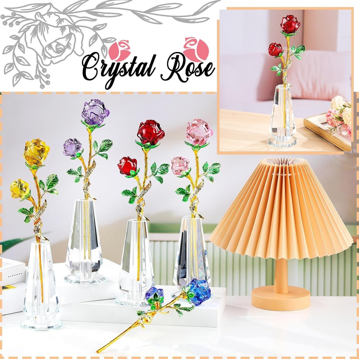 Red Crystal Rose Ornament with Vase – Luxury Glass Flower Gift for Her Décor