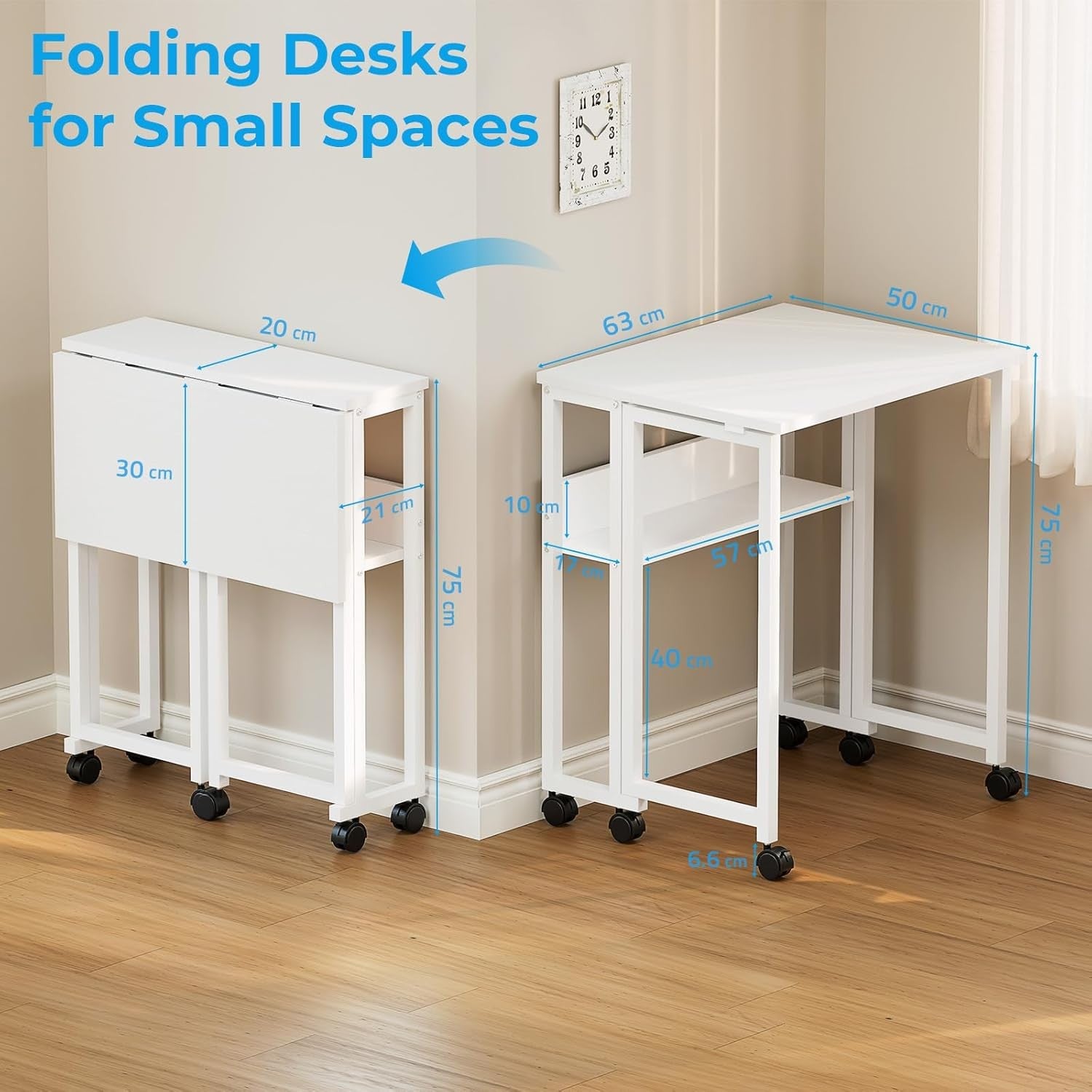 Folding Computer Desk on Wheels with Storage Shelf Space Saving White 63cm