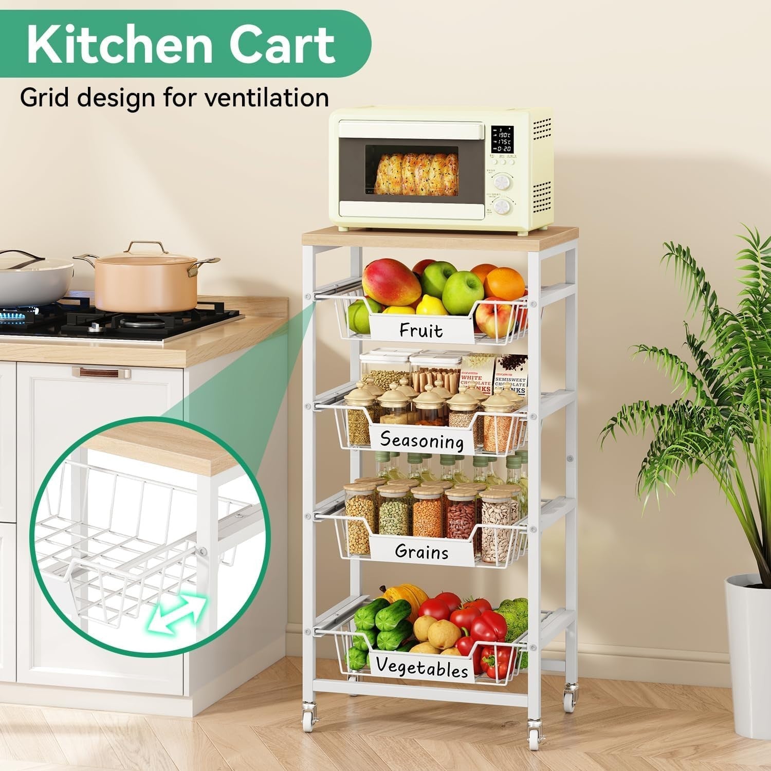 5 Tier Rolling Kitchen Storage Cart Fruit Basket Utility Trolley Wood Top
