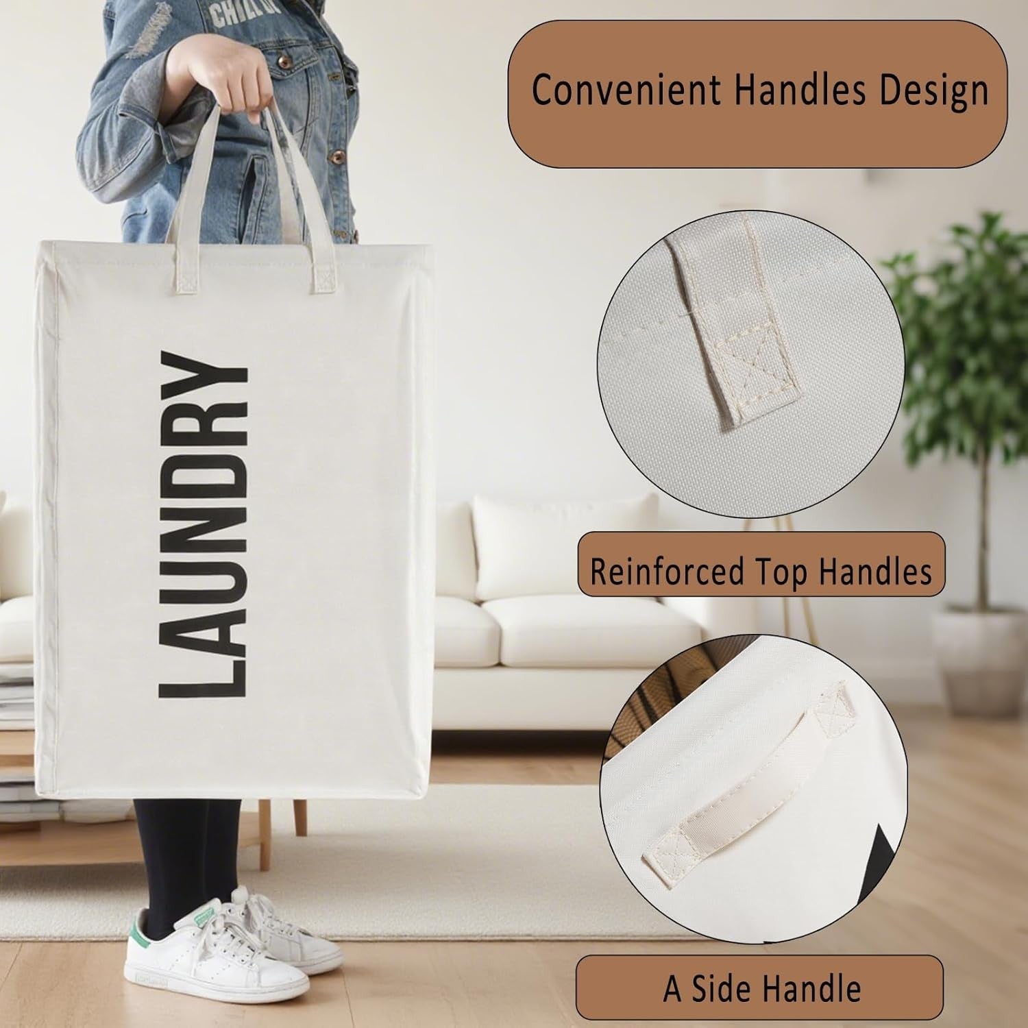 Tall Slim Double Laundry Hamper Beige 63L Foldable Basket with Handles