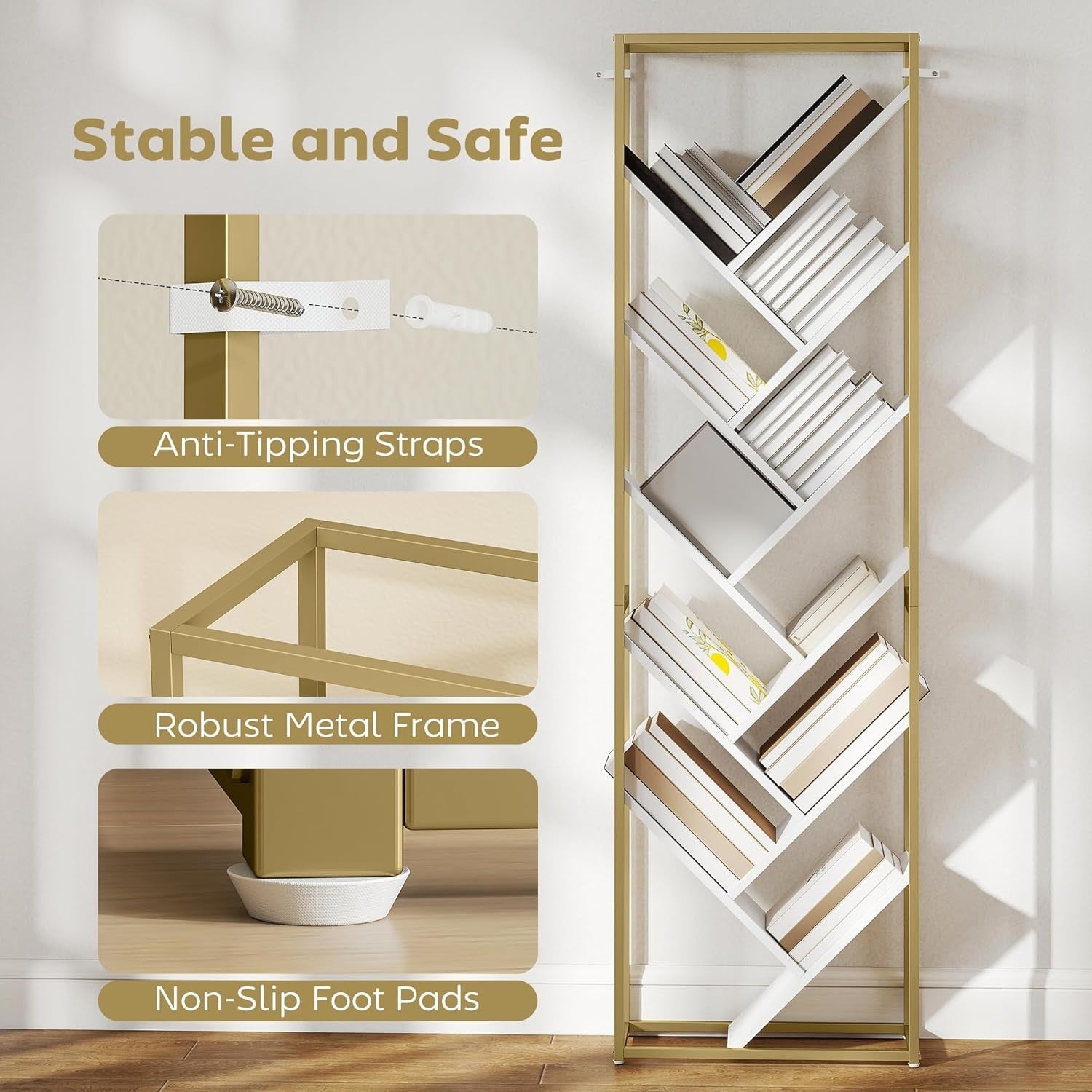10-Tier Tree Bookshelf Modern White & Gold Tall Display Storage Unit for Home