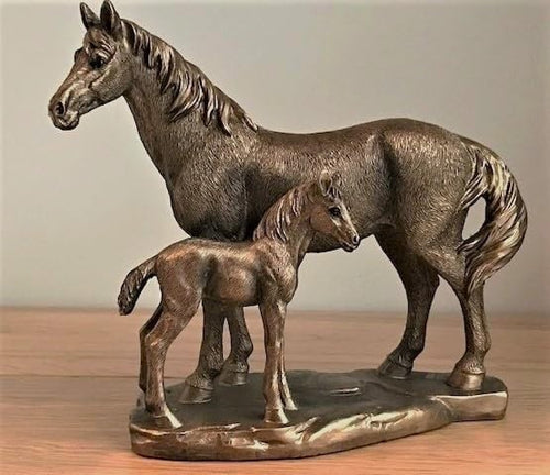 Bronze Horse & Foal Figurine • Resin Ornament • Rustic Farmhouse Home Decor Gift
