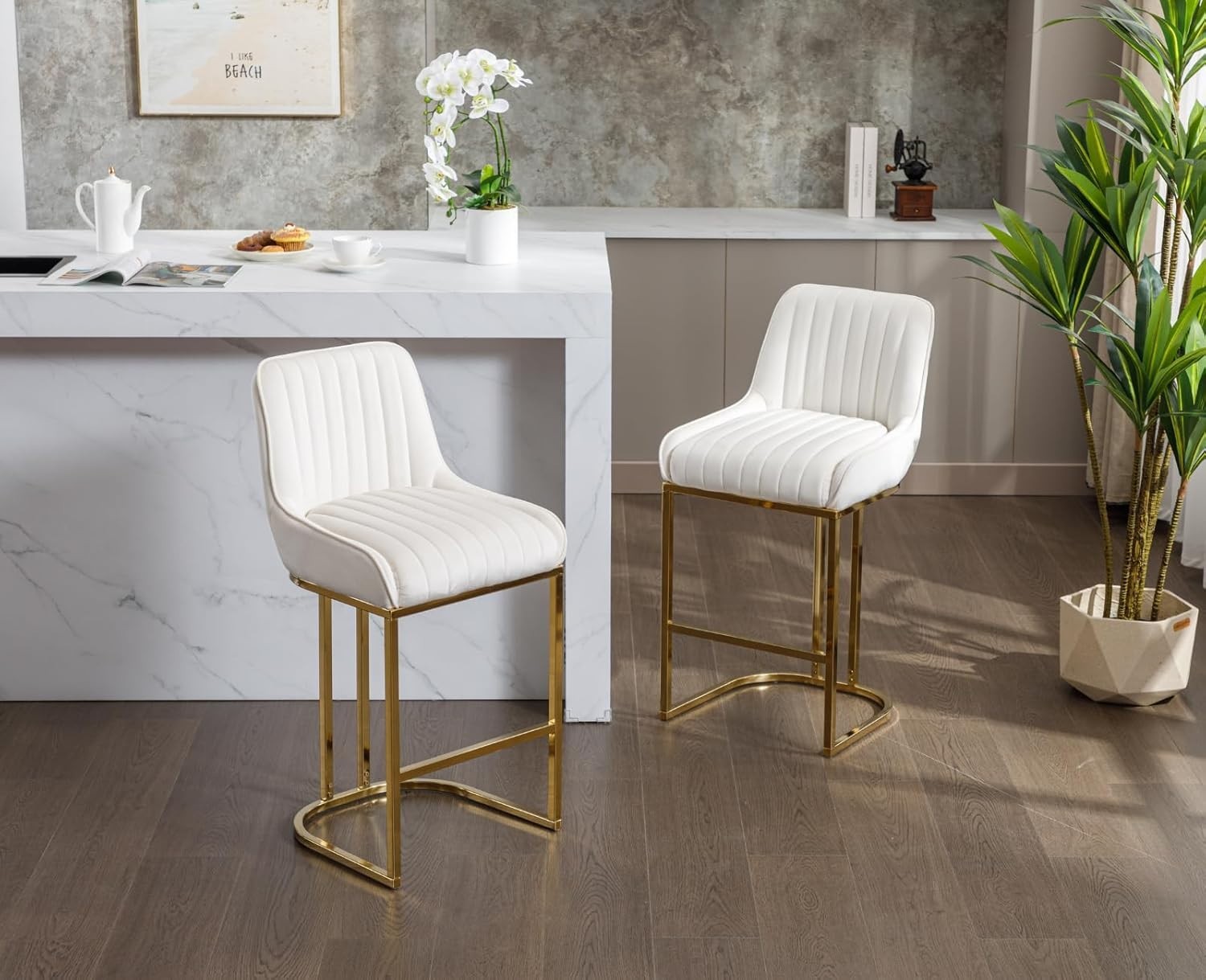 Bar Stools Set of 2 | White Fabric L-Shaped Counter Dining Chairs