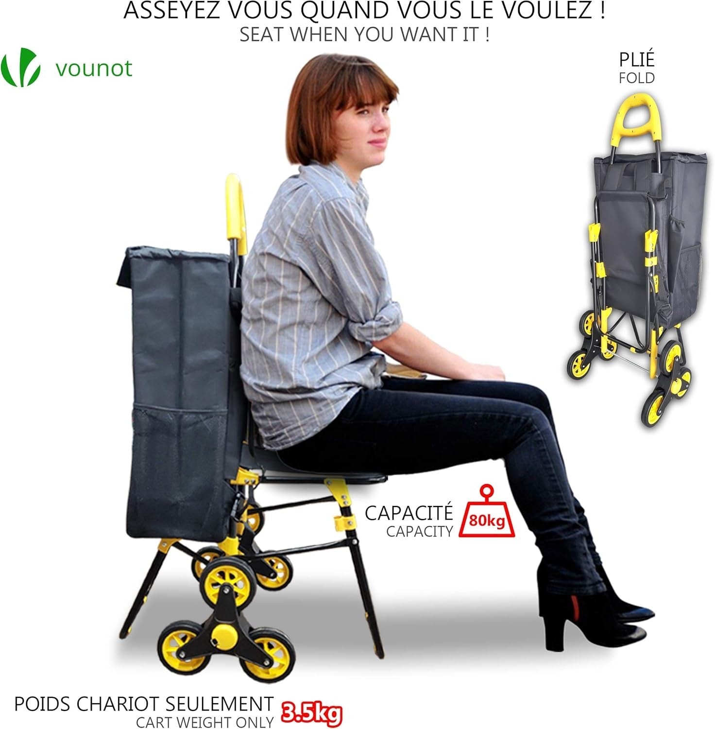 35L 6-Wheel Foldable Shopping Trolley Seat Waterproof Thermal Cart Black/Yellow