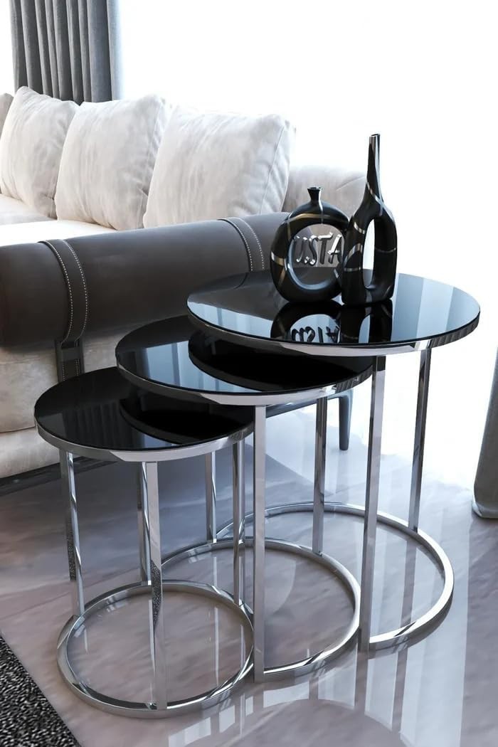 Modern Glass Nesting End Tables Set of 2 Stackable Metal Frame Space Saving