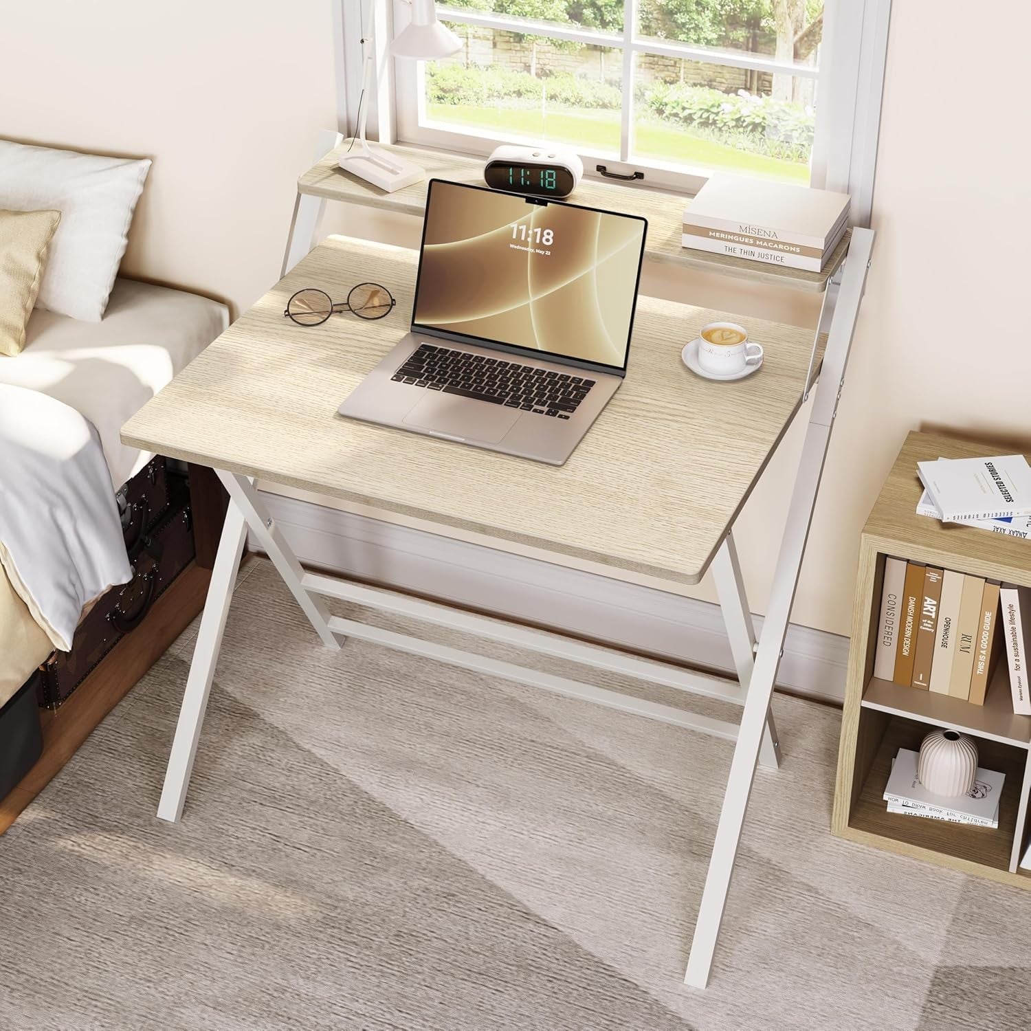 Foldable Computer Desk Small Space with Monitor Stand 80cm Natural Wood
