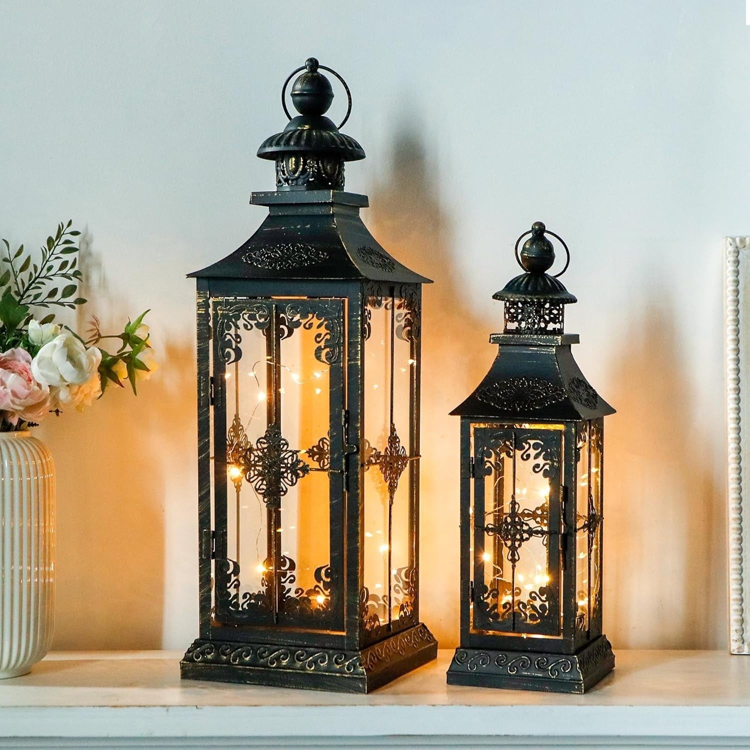 2 Pack Black Vintage Metal Candle Lanterns Indoor Outdoor