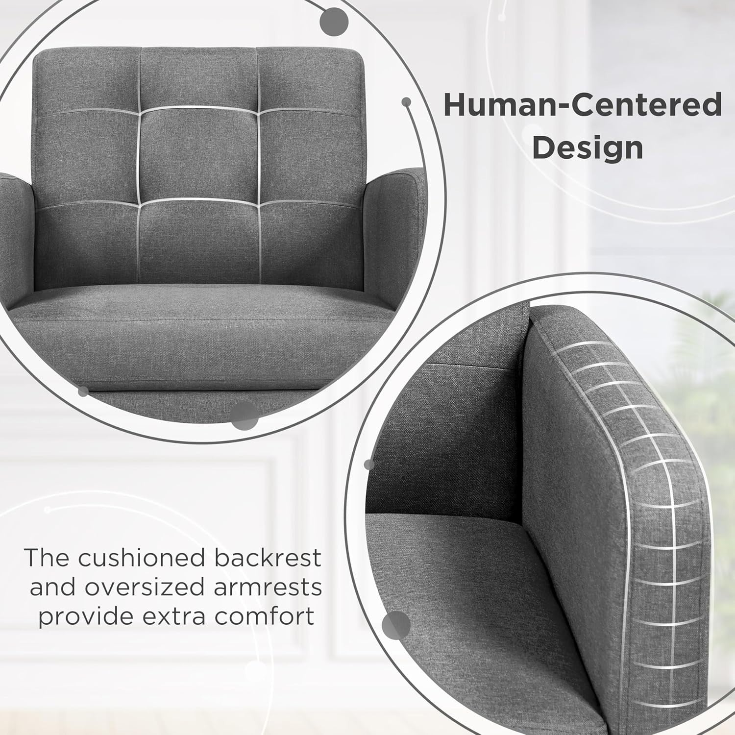 Dark Grey Tufted Accent Chair Mid Century Armchair for Lounge or Bedroom