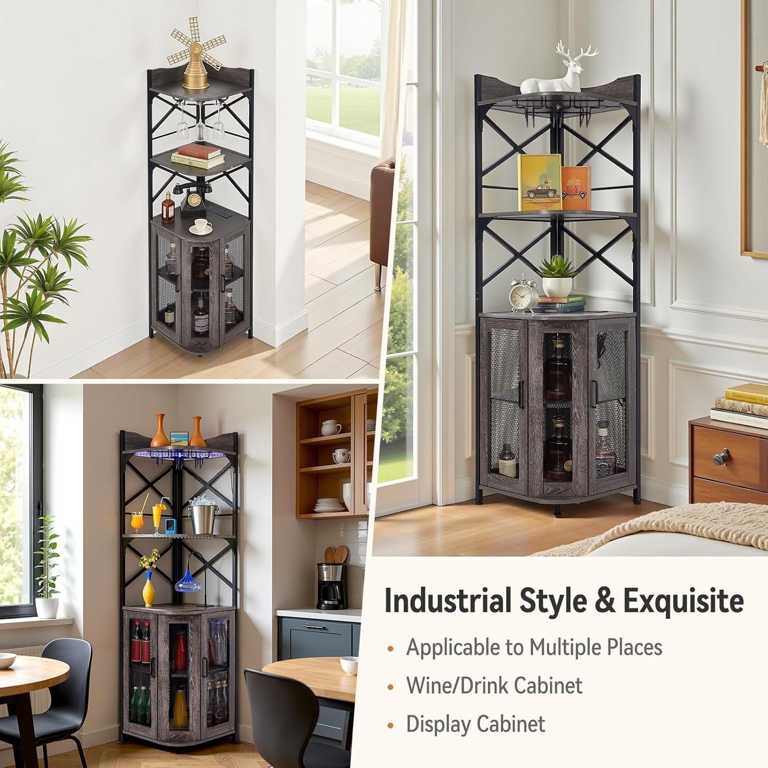 Corner Wine Rack with LED Lights & Power Socket, 5-Tier Drinks Cabinet Bar Unit