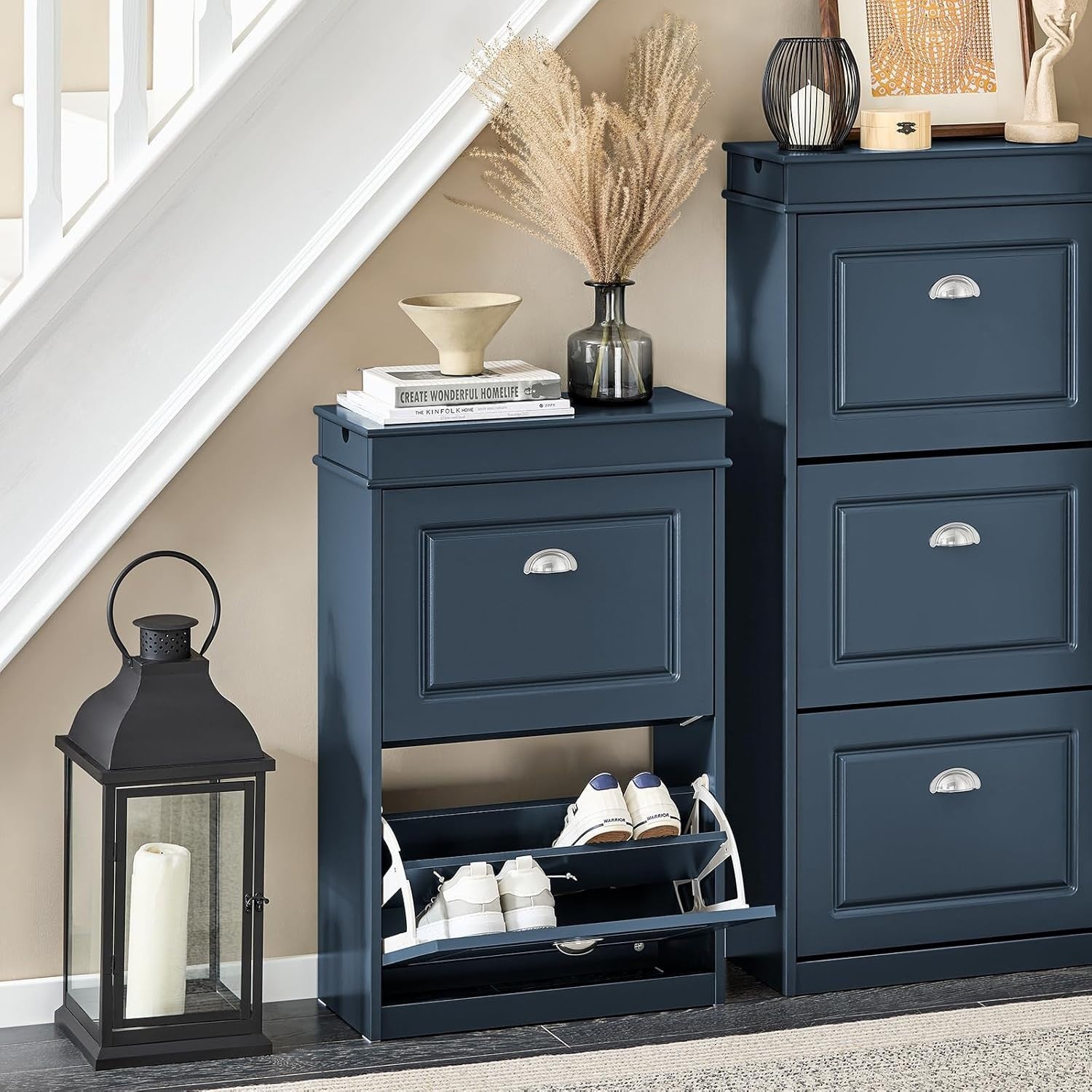 2-Drawer Slim Shoe Cabinet with Flip Drawers, 55x24x83 cm Blue