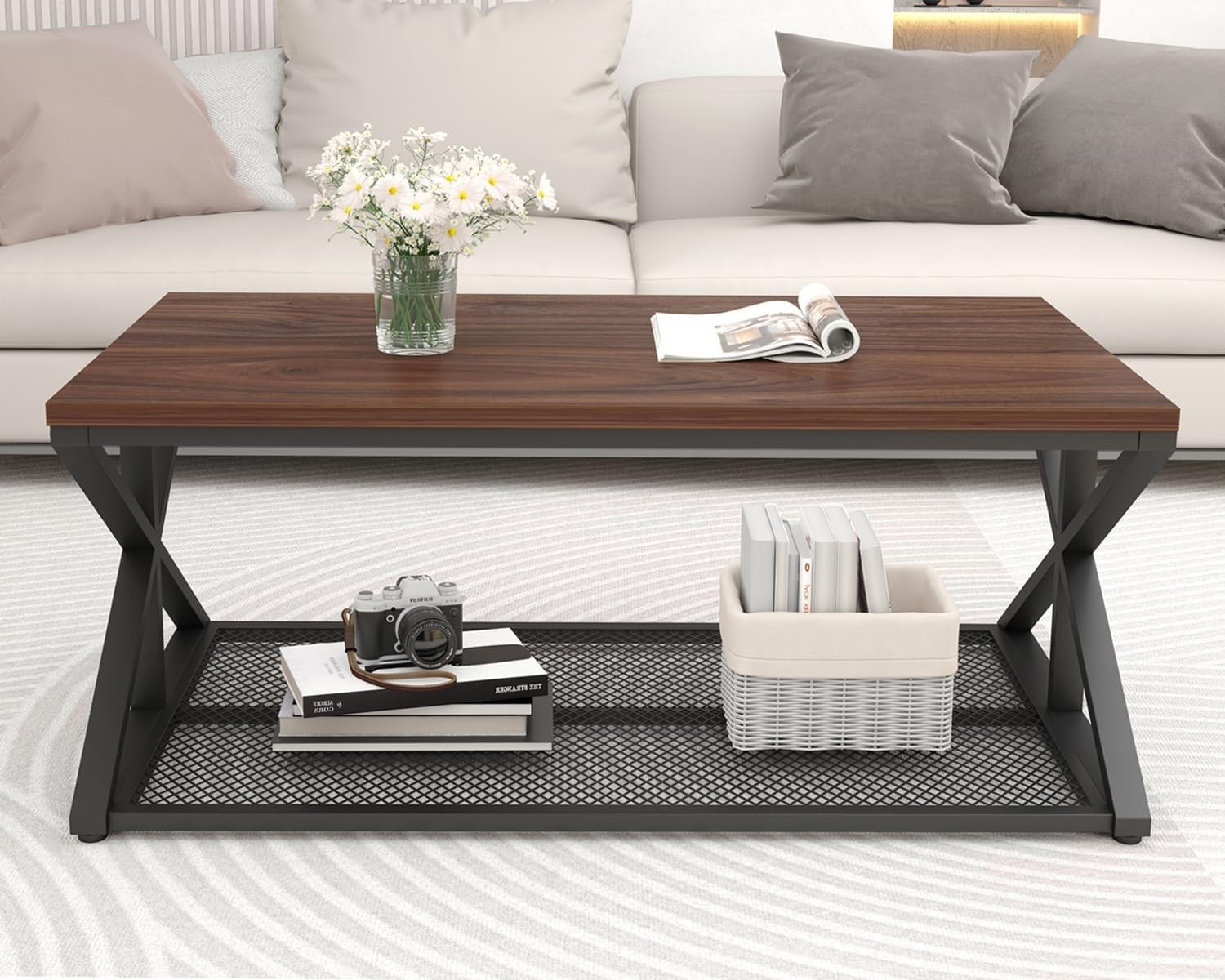Walnut Coffee Table with Storage Shelf – Industrial 2-Tier Metal Frame 120cm