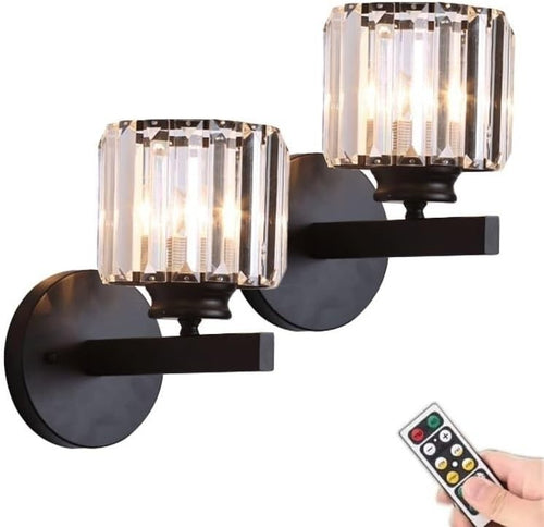 Cordless Black Glass Wall Sconces 2-Pack, Remote Dimmable Battery Lights