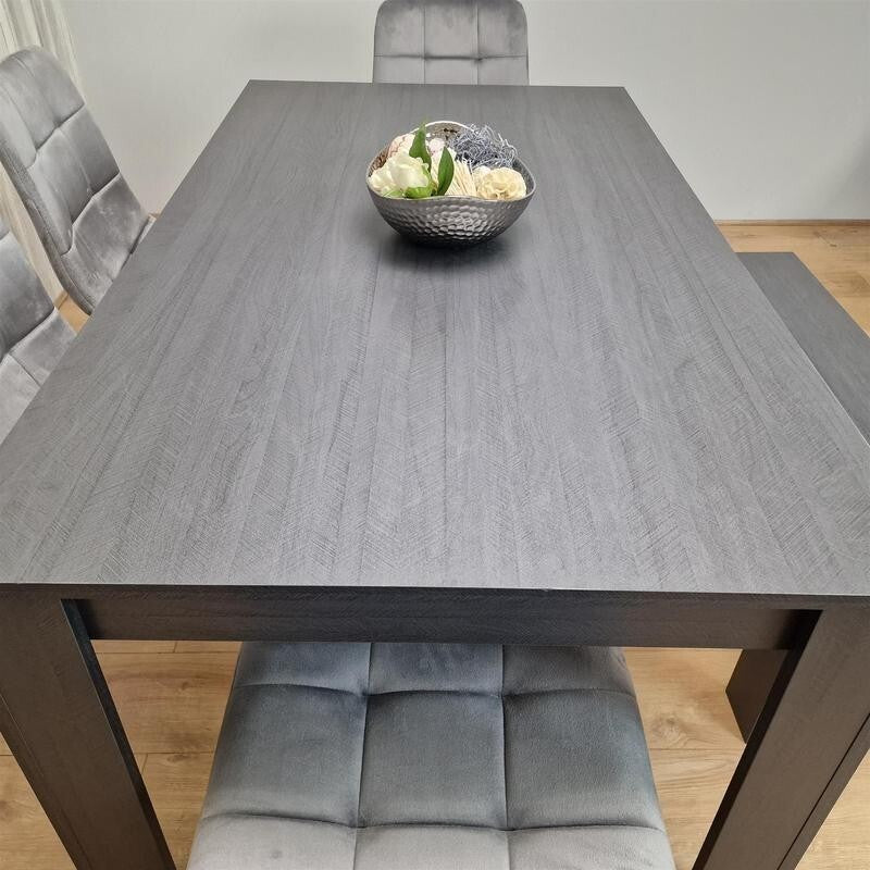 6 Seater Dining Table Set with Bench & 4 Grey Chairs – Modern Wood Effect
