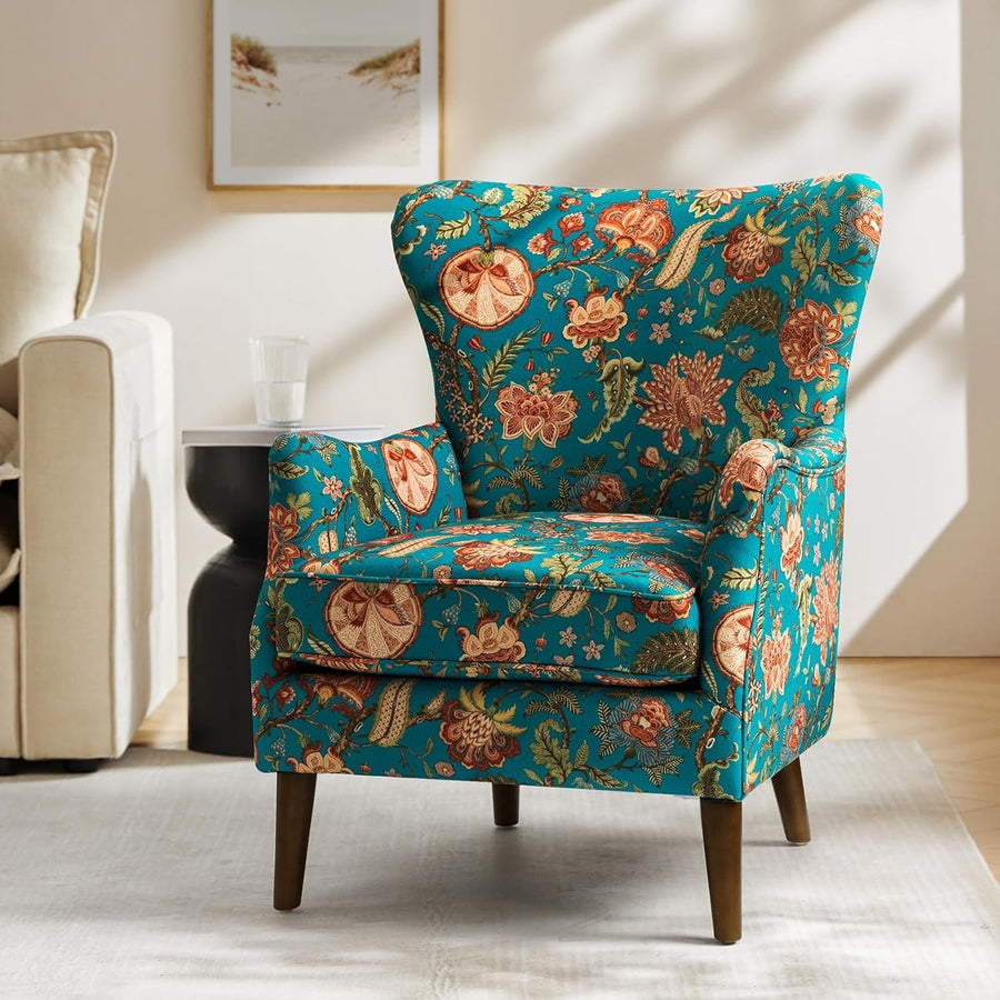 Wingback Accent Armchair Teal Floral Fabric Chair Lounge Office Home