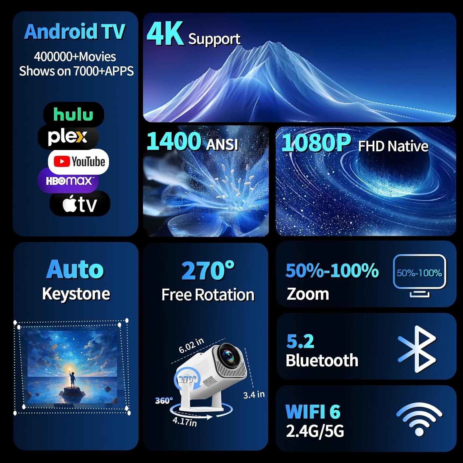 4K Smart Mini Projector 1080P WiFi 6 Bluetooth Auto Keystone