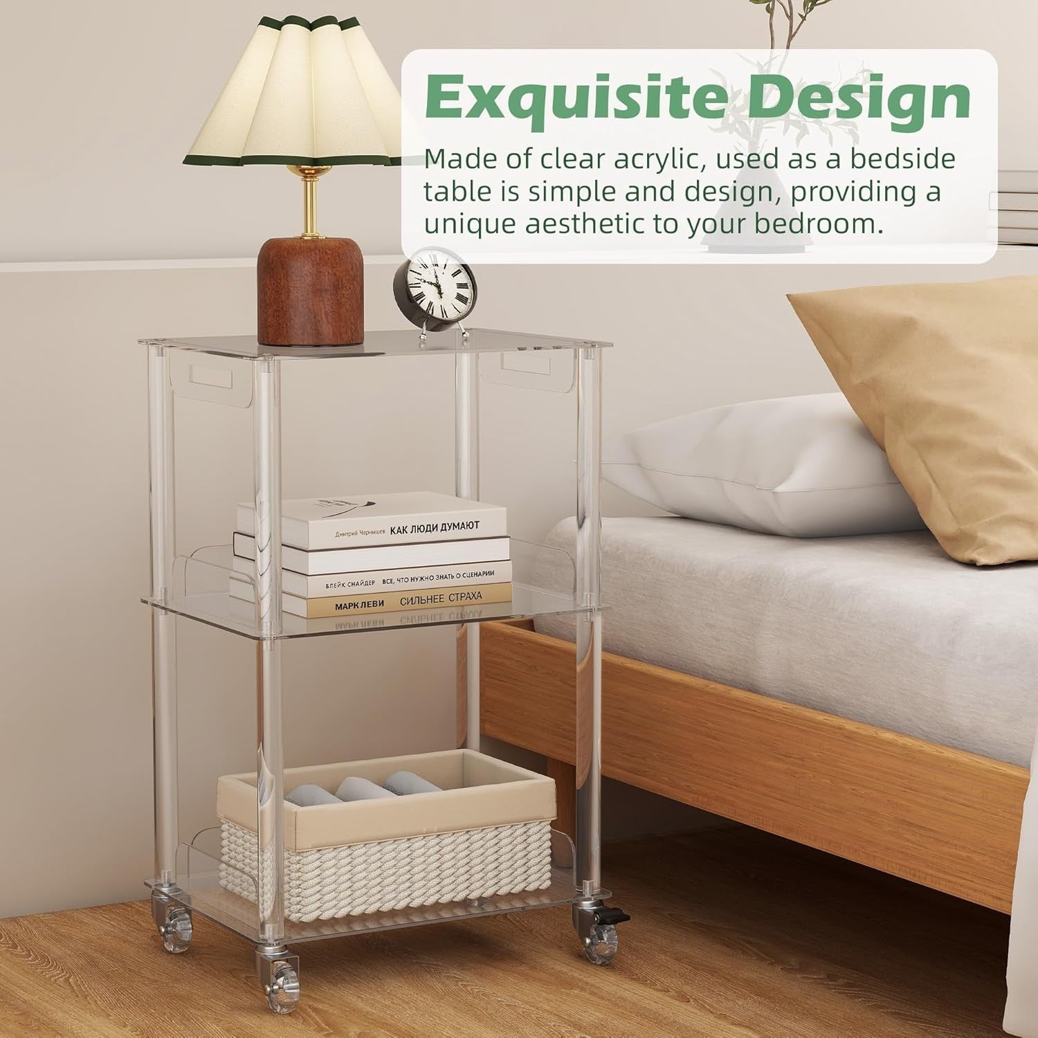Clear Acrylic 3-Tier Side Table with Wheels – Modern Rolling Storage Stand