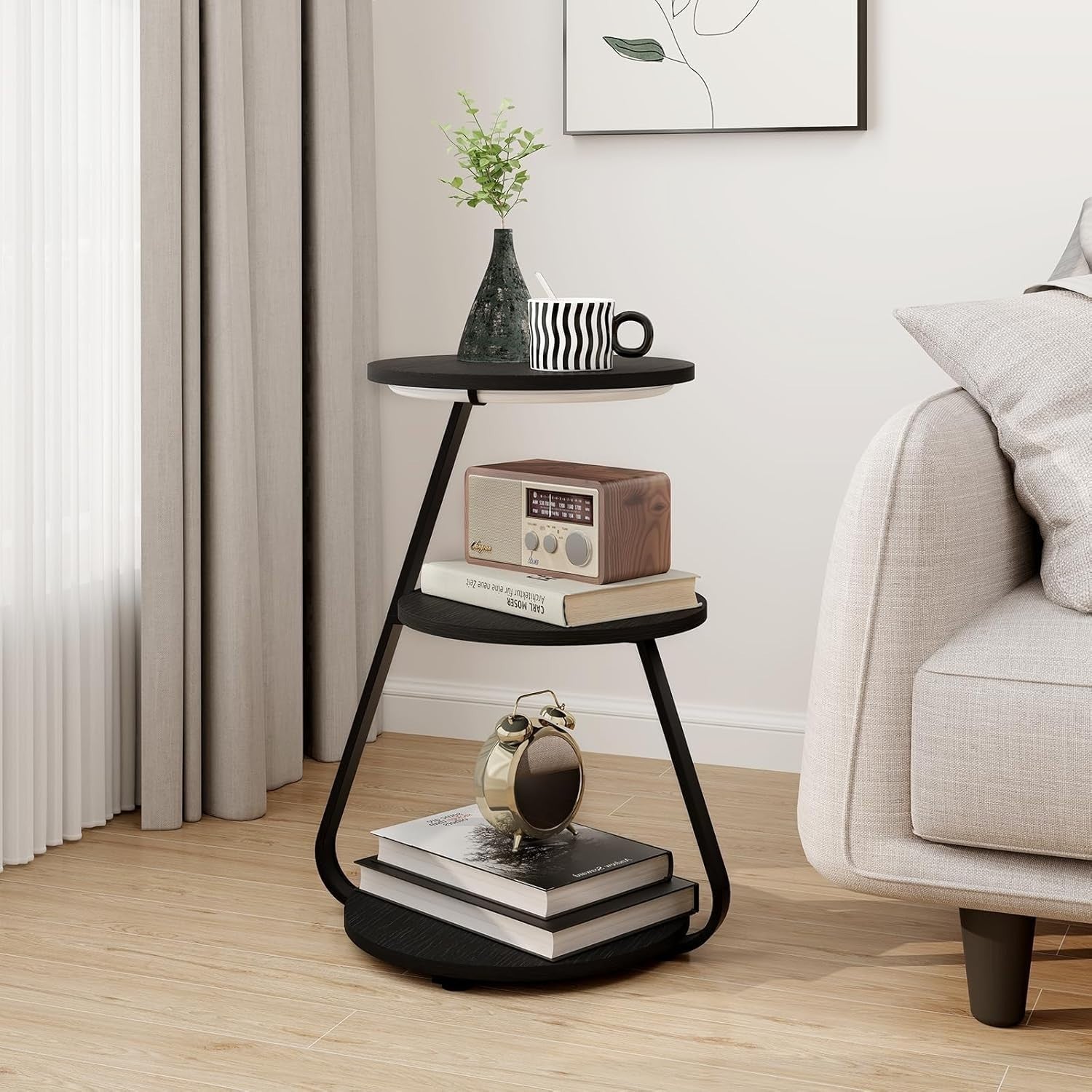 Set of 2 LED Bedside Tables – 3 Tier Round End Tables with Storage Black