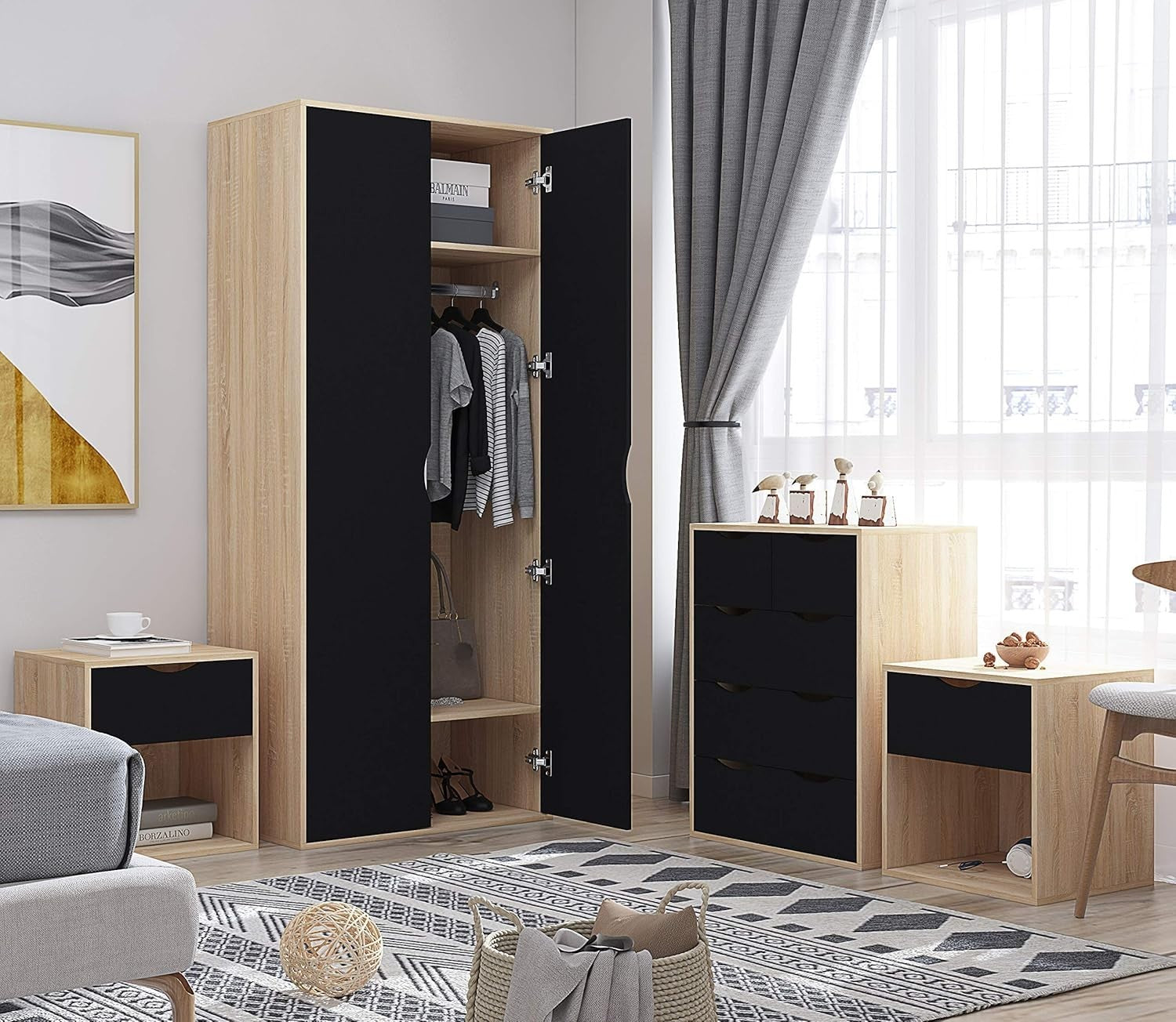 4pc Bedroom Furniture Set Wardrobe Chest Bedside Cabinet Black on Oak