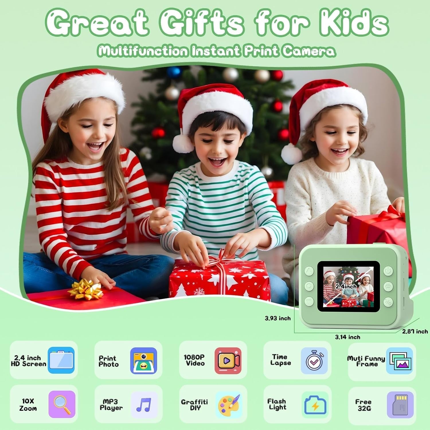 Kids Instant Print Camera 1080P HD 32GB Card Photo Paper Toy Gift