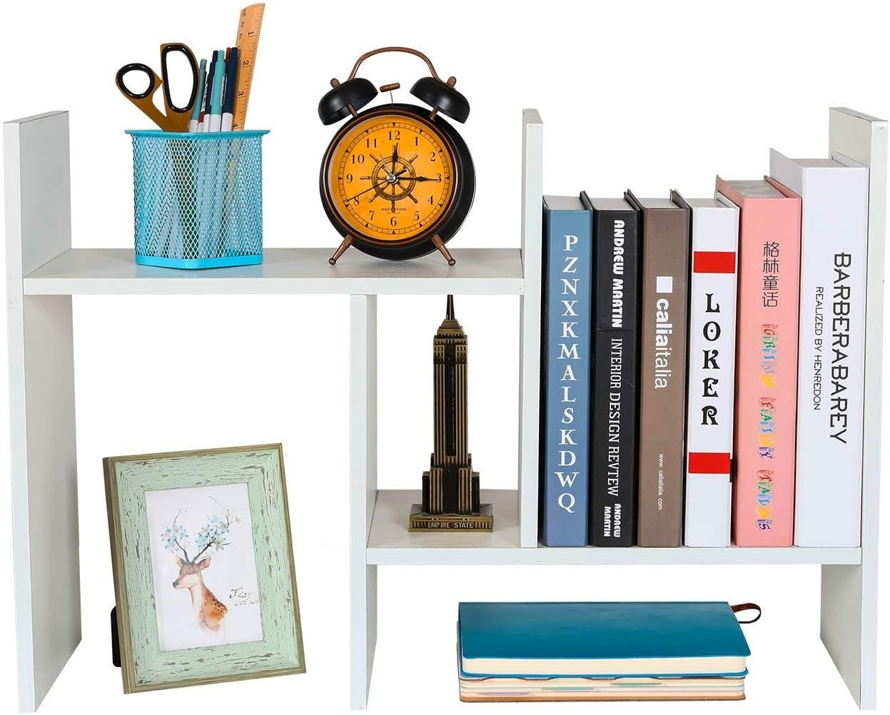 Adjustable White Wood Desktop Bookshelf 3-Tier Desk Organizer Storage