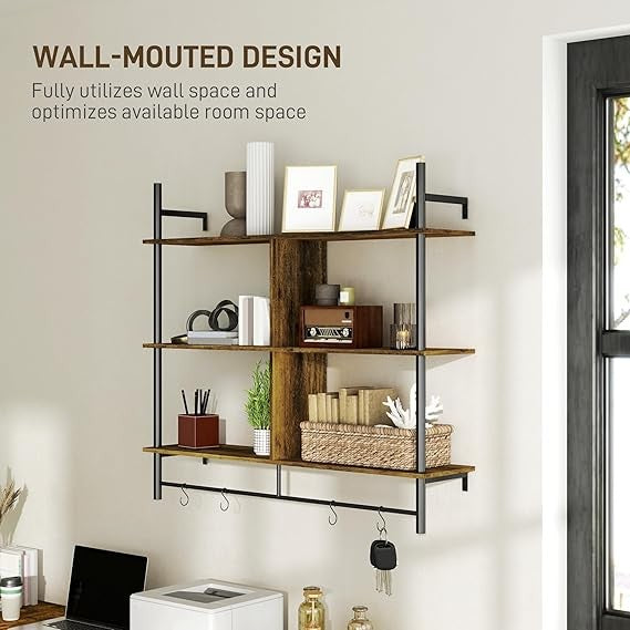 Rustic Ladder Wall Shelf 3-Tier Display Unit with Hooks 104cm Floating Rack
