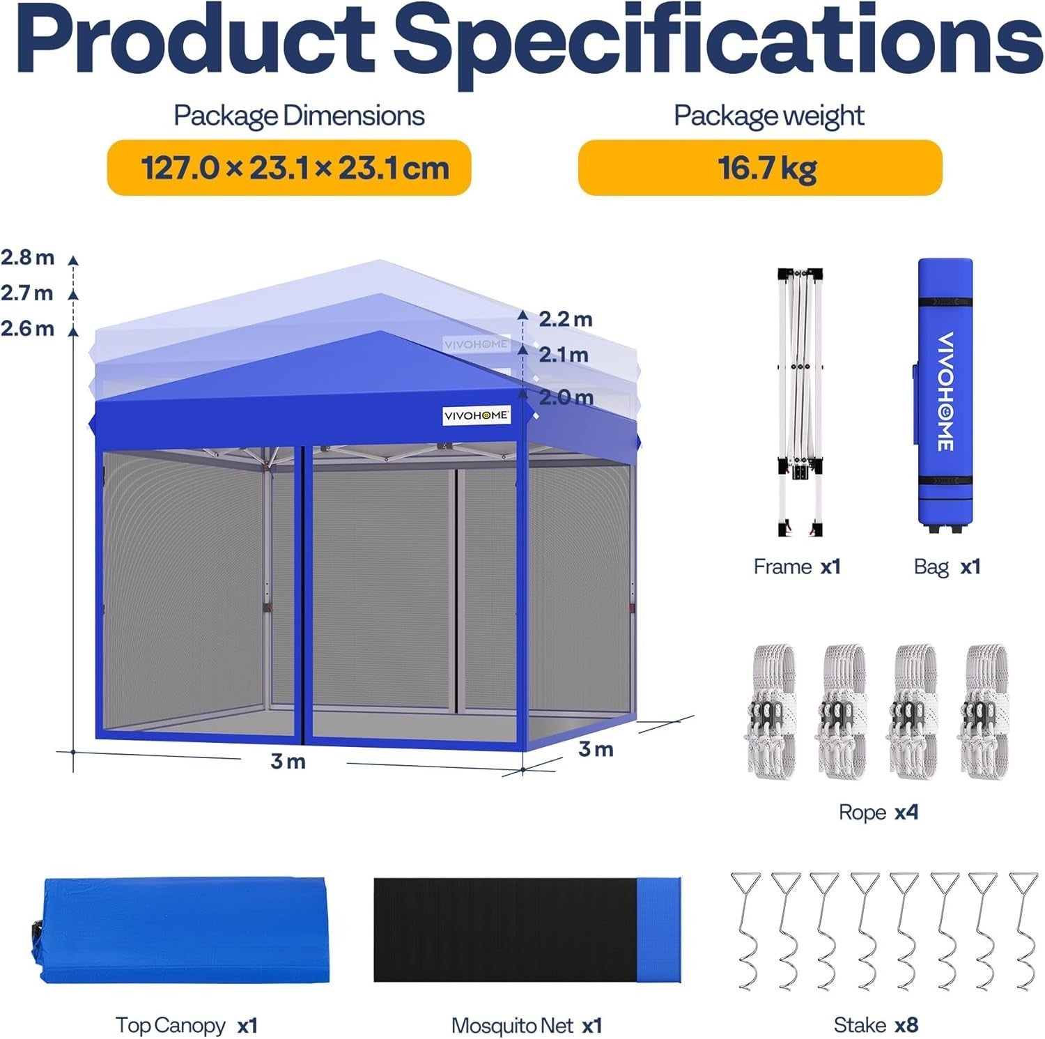 3x3M Blue Pop Up Gazebo With Mosquito Net Waterproof Outdoor Tent