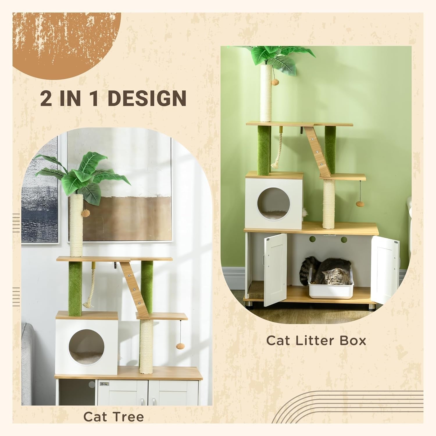 Cat Tree with Hidden Litter Box Cabinet Indoor Tower Scratcher House Ladder