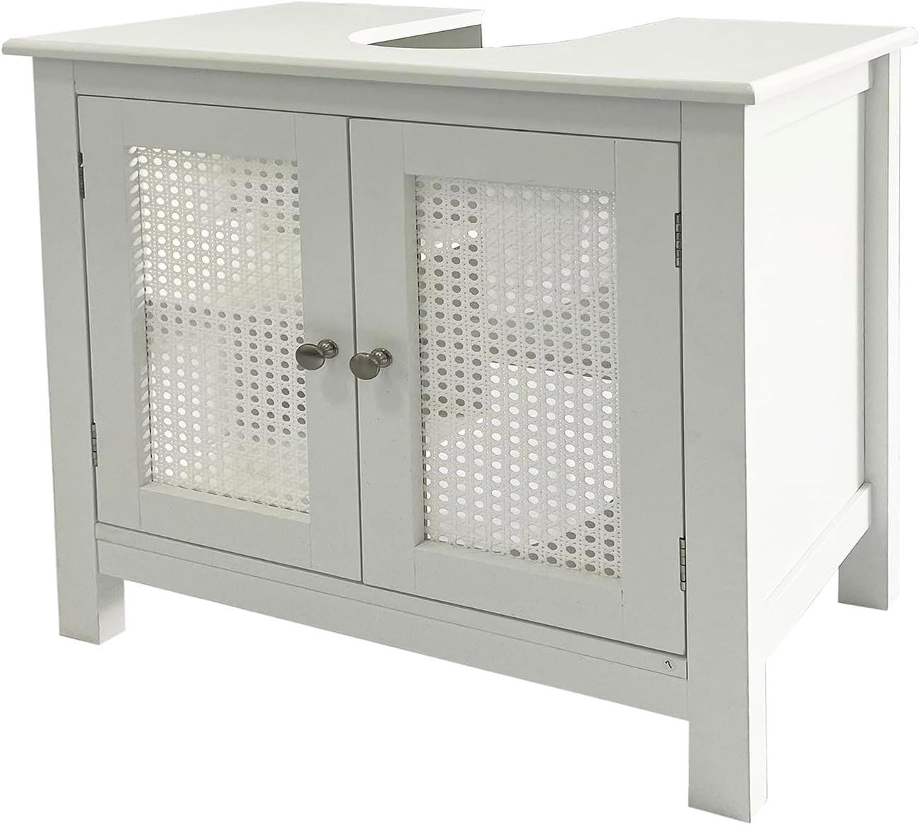 White Under Sink Bathroom Cabinet with Cane Doors & Adjustable Storage Shelf