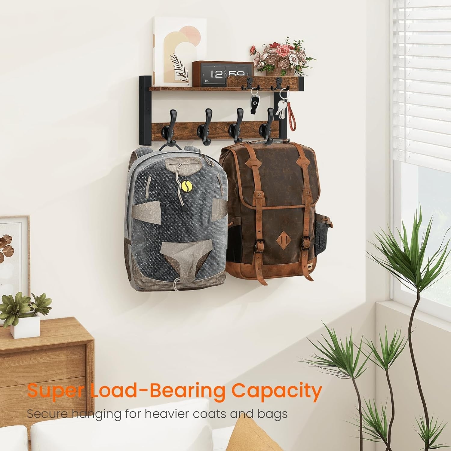 Rustic Wall Coat Rack with Shelf & Key Holder Wood Floating Entryway Organizer