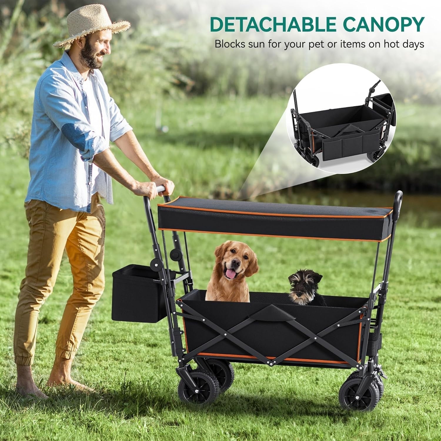 Black Folding Beach Wagon Cart w/ Canopy Oversized Wheels Push Pull 220lbs