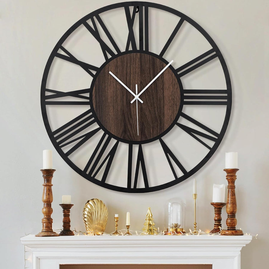 80cm Large Wall Clock Silent Black Roman Numbers Vintage Metal Wood Decor