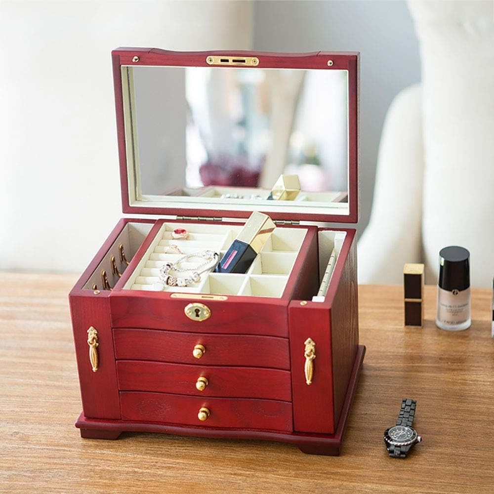 Large Wooden Jewelry Box Lockable Organizer with Mirror Drawers Red Wood