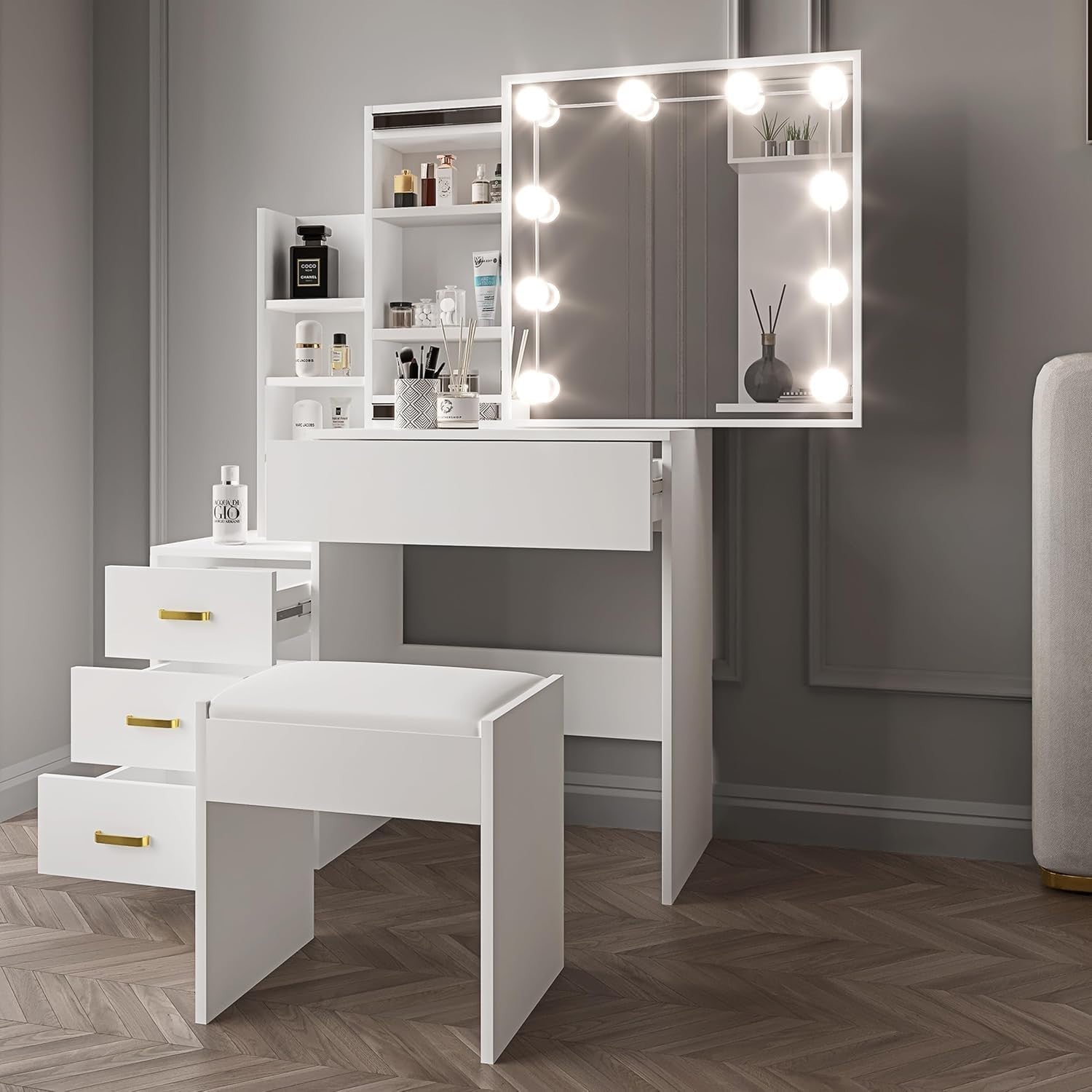 Vanity Table Set with Sliding Mirror, 4 Drawers, LED Light, Makeup Desk