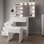 Vanity Table Set with Sliding Mirror, 4 Drawers, LED Light, Makeup Desk