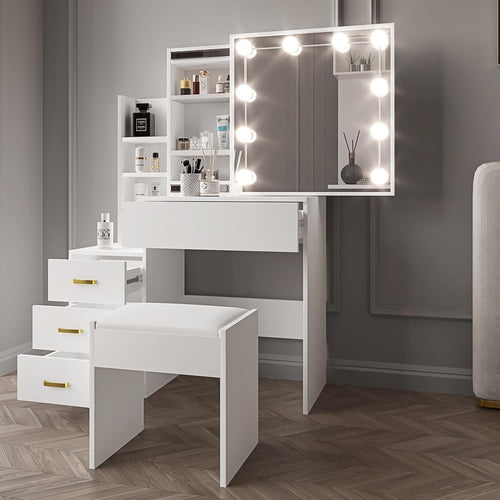 Vanity Table Set with Sliding Mirror, 4 Drawers, LED Light, Makeup Desk