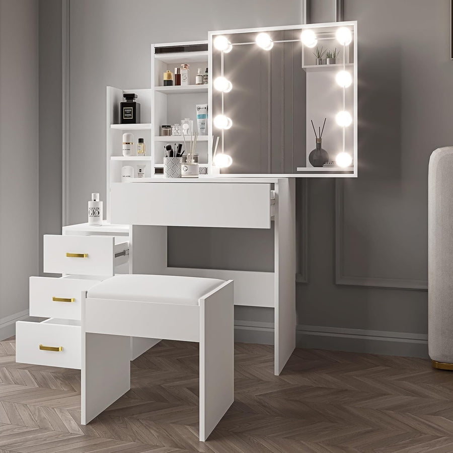 Vanity Table Set with Sliding Mirror, 4 Drawers, LED Light, Makeup Desk