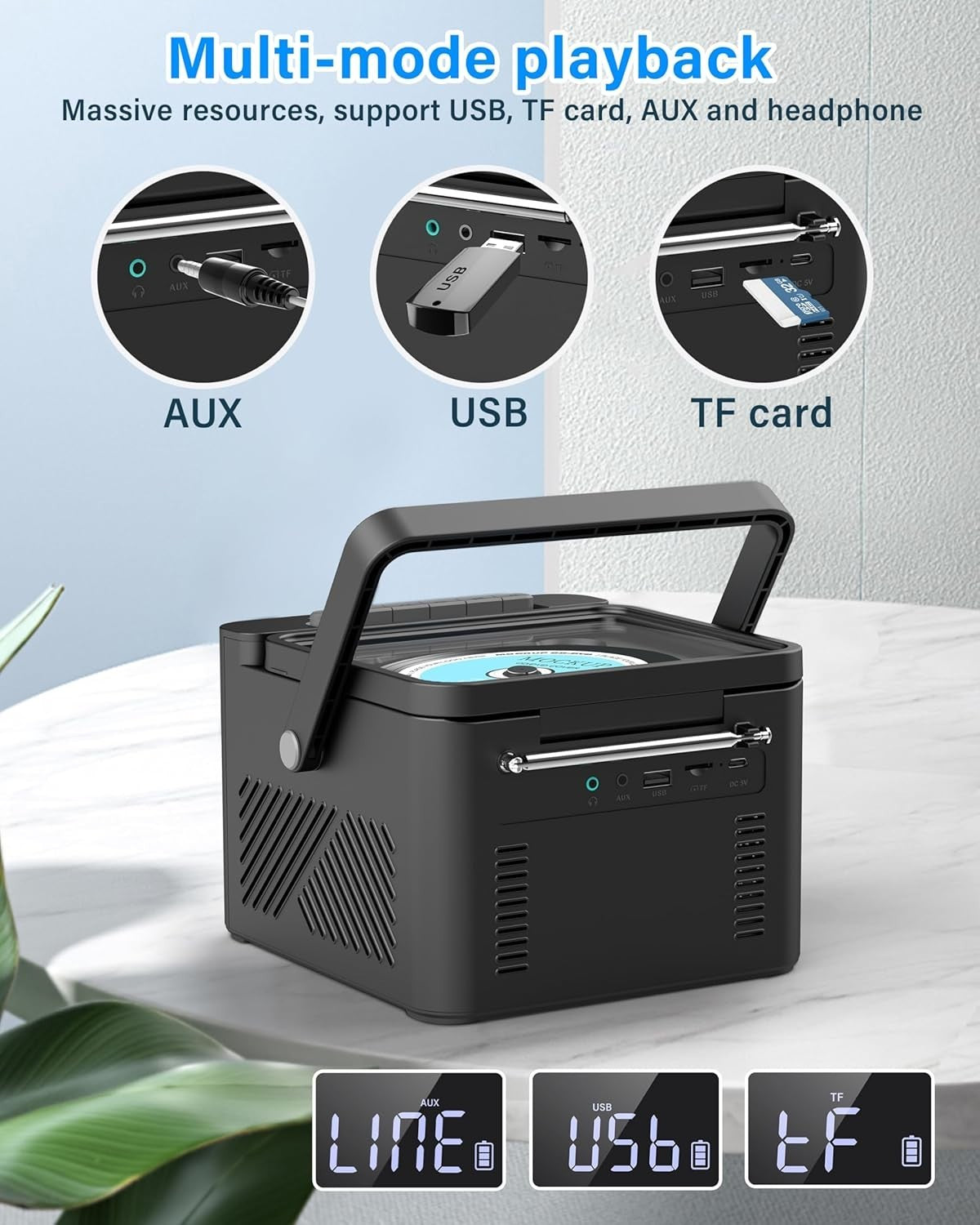 Portable CD Player Boombox Cassette Bluetooth FM USB TF AUX Remote
