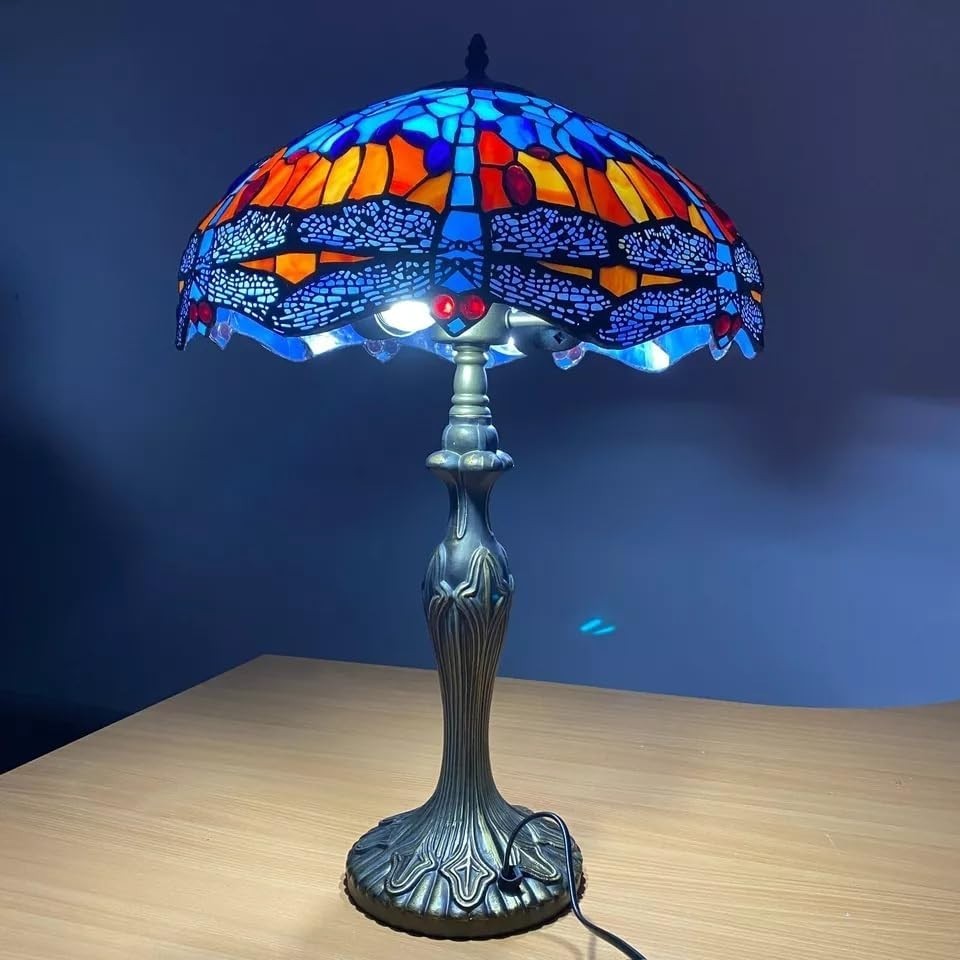 16" Tiffany Style Stained Glass Table Lamp Adjustable Brightness Brass Base