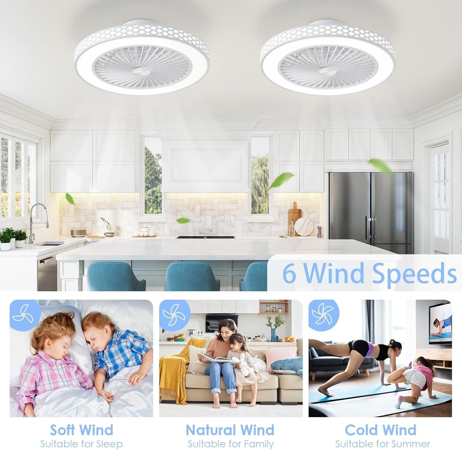 50W Ceiling Fan Light, 3 Speeds, Dimmable LED, Remote Control