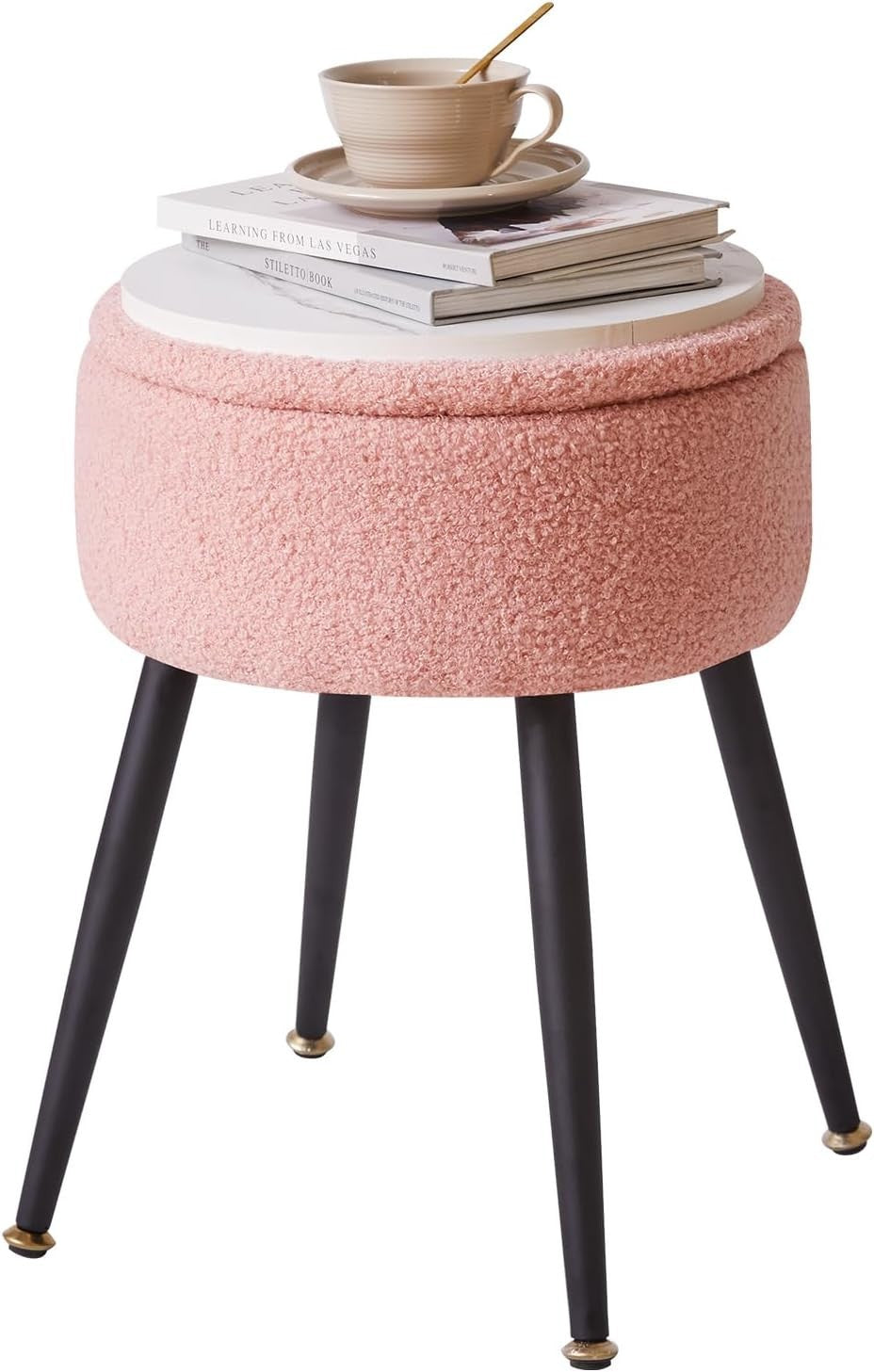 Pink Round Teddy Fur Vanity Stool with Storage – Soft Ottoman Seat